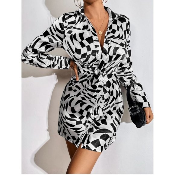 Black And White Geo Print Twist Front Shirt Dress - Picture 1 of 8